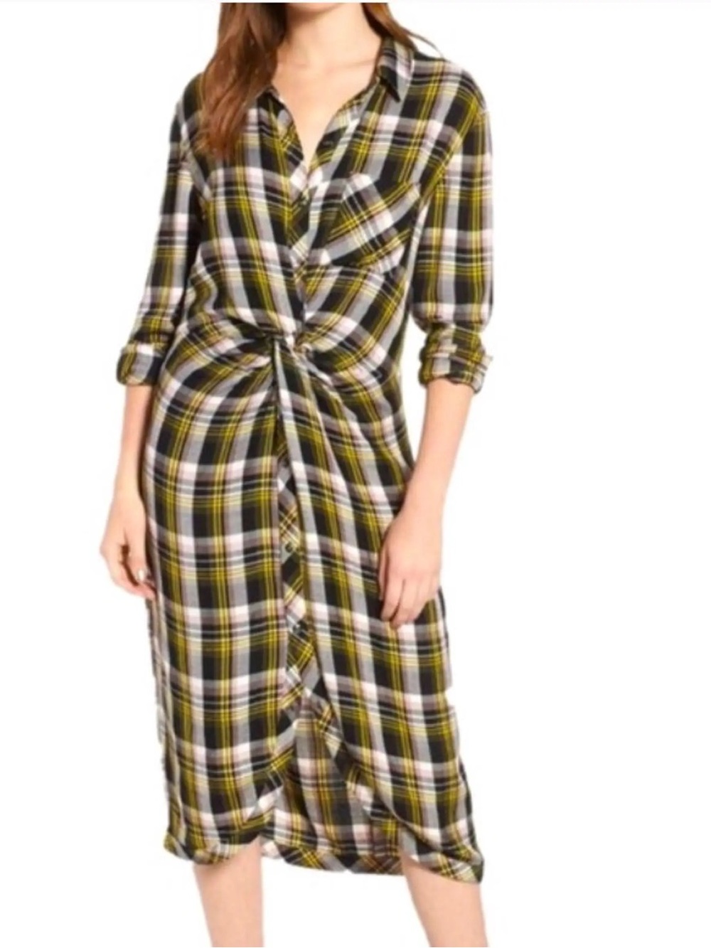 NWT Caslon Plaid Twist Front Long Sleeve Shirt Dress Button Front, size 2X